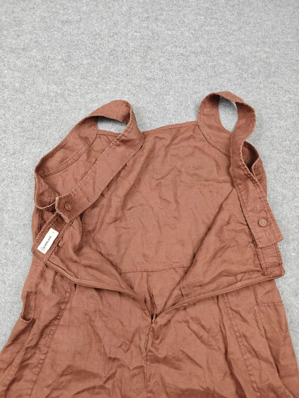 Everlane Jumpsuit Womens 16 Brown Linen Square Neck Sleeveless Wide Leg Pockets